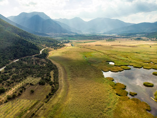 Aerial view of Stymphalia lake, located in the north-eastern part of the Peloponnese, in Corinthia, southern Greece