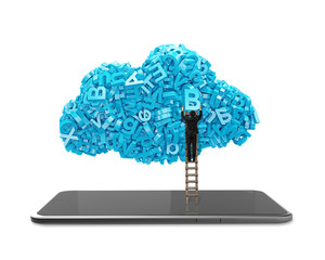 Big data and cloud computing concept. Businessman climbing wooden ladder to cloud of blue letters and numbers with digital tablet, isolated on white background.