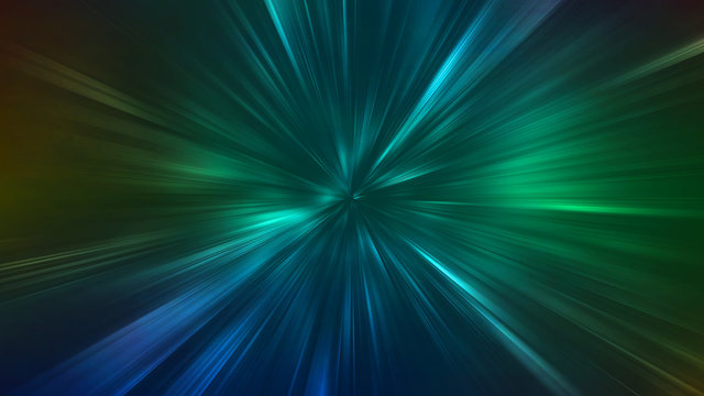 Abstract radial zoom lines. Green and blue contrast ray lights motion burst on dark background. Moving with fast acceleration speed through space time. 