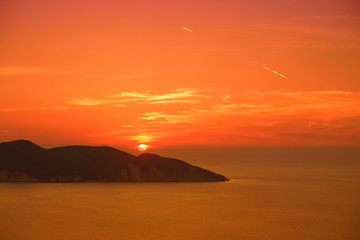 Fototapeta na wymiar Beautiful sunset colors over the coastline of Cephalonia island, Greece.