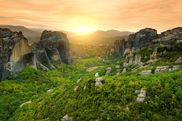 Panoramic view of Meteora valley, a rock formation in central Greece hosting one of the largest complexes of Eastern Orthodox monasteries, built on immense natural pillars.