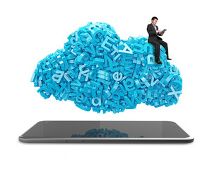 Big data and cloud computing concept. Working businessman sitting on cloud of blue letters and numbers with digital tablet, isolated on white background.