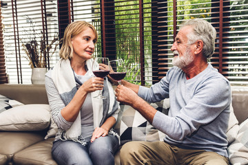 Senior couple relax talking and drinking wine glasses together on sofa in living room at home.Retirement couple concept