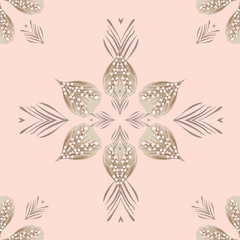 Beautiful, tropical repeat seamless pattern with natural elements and  loose pearls. Great for beach wedding invitations, textiles and fashion. Polynesian island vibe with blush pink and soft browns.