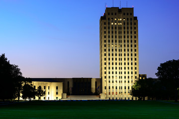 North Dakota state Capitol building at sunset