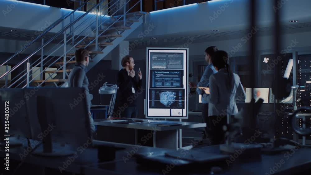 Aufkleber Project Manager Does Motivational Presentation or Team of Electronics Development Engineers, he Uses Digital Whiteboard with Neural Network, AI and Machine Learning. 