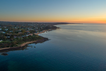 Aerial view of Mount Eliza coastline and dusk. Mornington Peninsula, Victoria, Australia