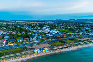 Aerial view of colorful beach boxes and luxury houses on Mornington Peninsula, Melbourne, Australia