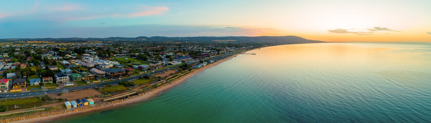 Beautiful aerial panorama of Mornington Peninsula coastline and Port Phillip Bay at dusk