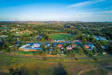 Aerial landscape of Yass township located on Hume Highway at sunset. New South Wales, Australia