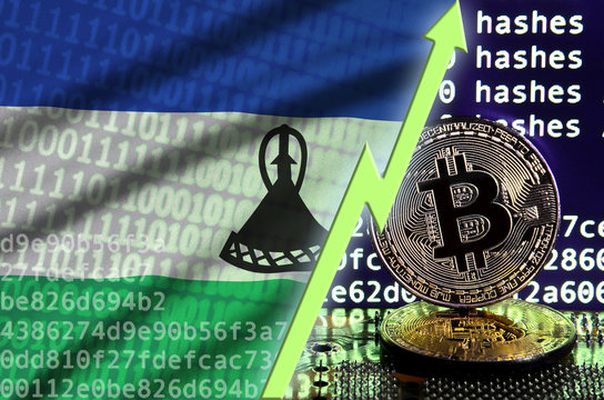 Lesotho flag and rising green arrow on bitcoin mining screen and two physical golden bitcoins