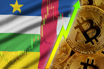 Central African Republic flag and cryptocurrency growing trend with many golden bitcoins