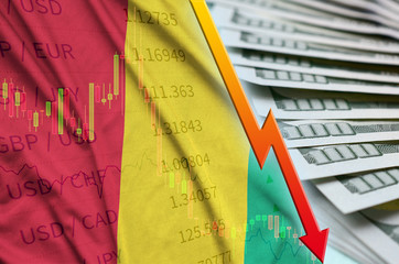 Guinea flag and chart falling US dollar position with a fan of dollar bills