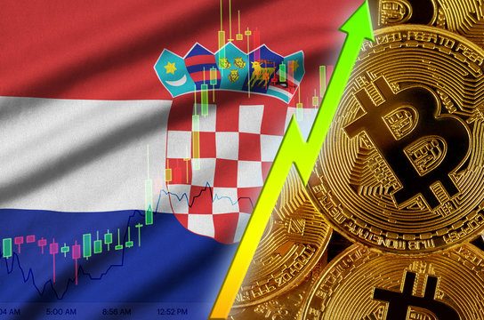 Croatia flag and cryptocurrency growing trend with many golden bitcoins