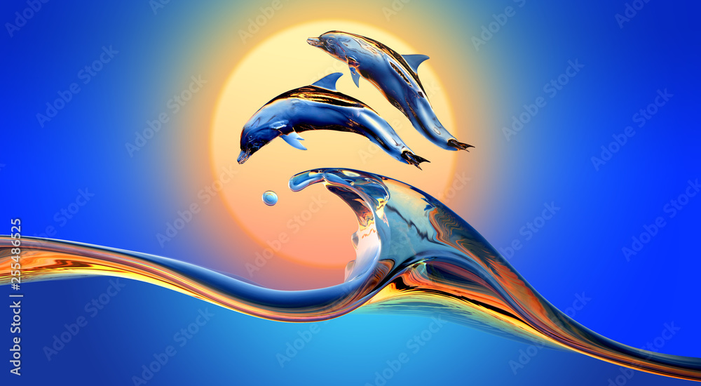 Wall mural dolphins jumping over vibrant sunset sea water wave with bright background, 3d illustration
