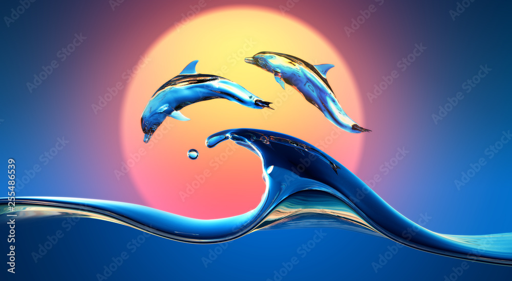 Wall mural dolphins jumping over vibrant sunset sea water wave with bright background, 3d illustration