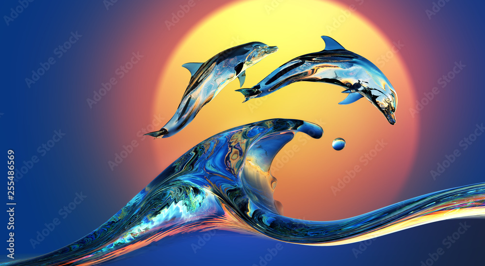 Wall mural dolphins jumping over vibrant sunset sea water wave with bright background, 3d illustration