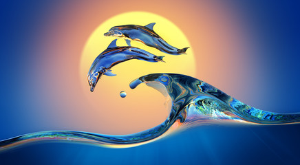 Dolphins jumping over Vibrant sunset sea Water wave with bright background, 3d illustration