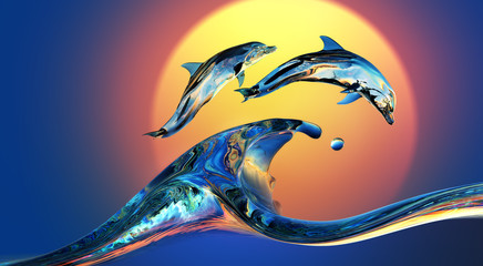 Dolphins jumping over Vibrant sunset sea Water wave with bright background, 3d illustration
