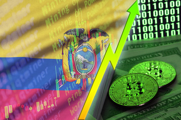 Ecuador flag and cryptocurrency growing trend with two bitcoins on dollar bills and binary code display