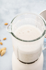 Homemade nut milk in blender and ingredients.