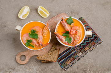 Traditional creamy soup with shrimp