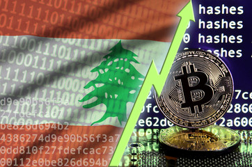 Lebanon flag and rising green arrow on bitcoin mining screen and two physical golden bitcoins