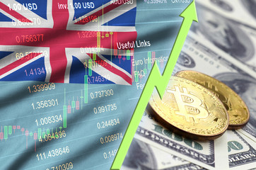 Tuvalu flag and cryptocurrency growing trend with two bitcoins on dollar bills