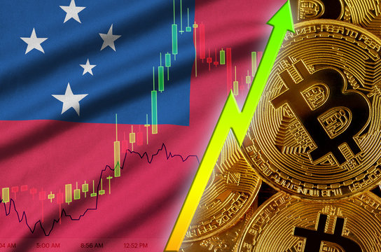 Samoa flag and cryptocurrency growing trend with many golden bitcoins - Powered by Adobe