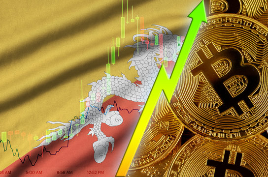 Bhutan flag and cryptocurrency growing trend with many golden bitcoins - Powered by Adobe