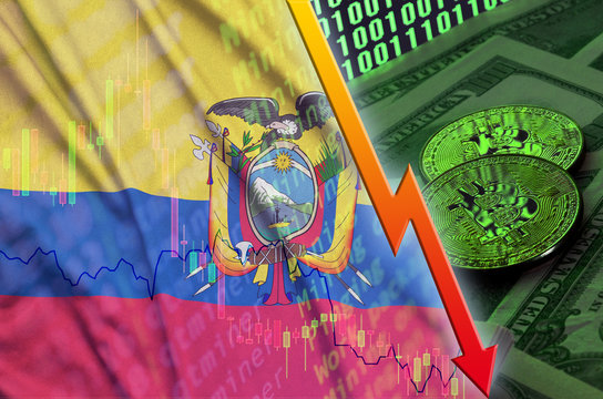 Ecuador flag and cryptocurrency falling trend with two bitcoins on dollar bills and binary code display