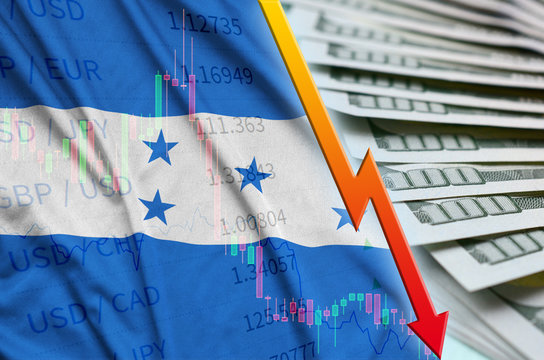 Honduras flag and chart falling US dollar position with a fan of dollar bills - Powered by Adobe