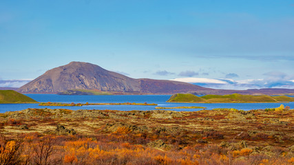 Myvatn lake in Northern Iceland. Islet of volcanic pseudo crater is a middle. Landscape of Myvatn lake in Northern Iceland
