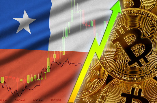 Chile flag and cryptocurrency growing trend with many golden bitcoins