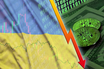 Ukraine flag and cryptocurrency falling trend with two bitcoins on dollar bills and binary code display