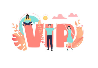 Coral VIP sign or poster with people on white background.