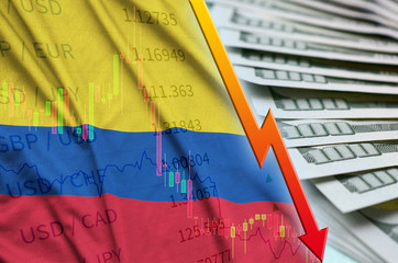 Colombia flag and chart falling US dollar position with a fan of dollar bills