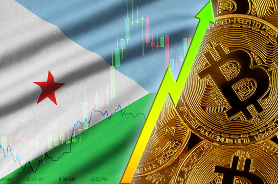 Djibouti flag and cryptocurrency growing trend with many golden bitcoins - Powered by Adobe