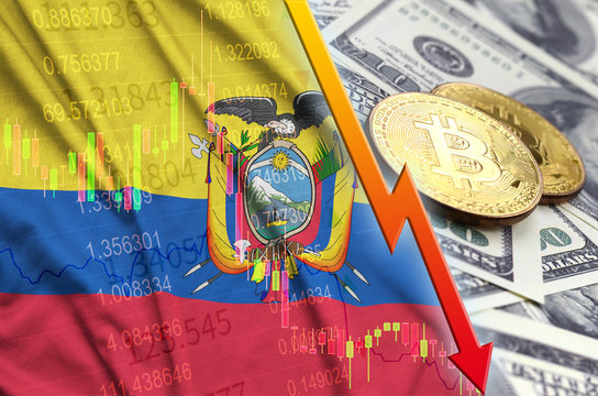Ecuador flag and cryptocurrency falling trend with two bitcoins on dollar bills