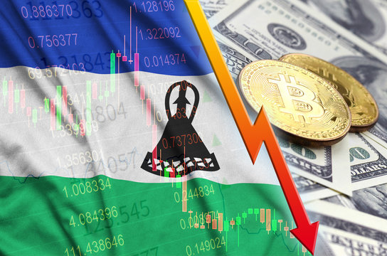 Lesotho flag and cryptocurrency falling trend with two bitcoins on dollar bills
