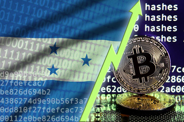 Honduras flag and rising green arrow on bitcoin mining screen and two physical golden bitcoins