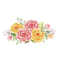 Watercolor Flowers Floral Bouquet Arrangement for Wedding Invitation and Greeting Card, Red, Orange, Yellow Flowers and Green Leaves for Vector Romantic Design Ideas