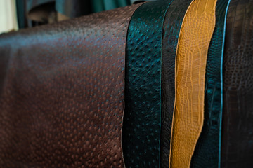 Tanned leather on shelf in craftsmanship market