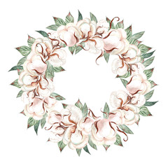 Fototapeta premium Beautiful watercolor wedding wreath with eucalyptus, cotton and leaves. 