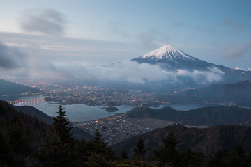 Fototapeta premium Mountain Fuji with cloud and Kawaguchiko lake in early morning seen from Shindo toge view point.