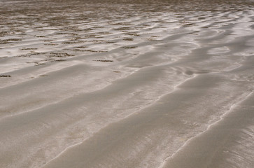 Background and texture photo of brown color sand with pile of sand from small crab and ripple shape from the sea on the beach.