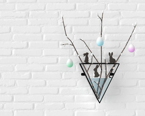Easter handmade home decoration, vase with easter bunny figurines, willow branches and hanging Easter eggs – 3d rendering.