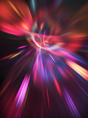 Abstract holiday background with blurred rays and sparkles. Fantastic red and purple light effect. Digital fractal art. 3d rendering.