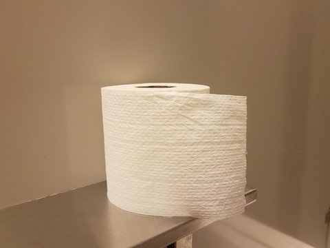 Roll Of White Toilet Paper On Metal Shelf In Bathroom Stall