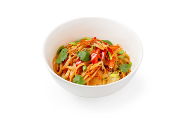 Noodle with meat, chinese dish on white background